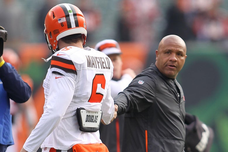 CINCINNATI, OH - NOVEMBER 25: Special assistant to the head coach Hugh Jackson of the Cincinnati Bengals shakes hands with Baker Mayfield #6 of the Cleveland Browns at Paul Brown Stadium on November 25, 2018 in Cincinnati, Ohio. (Photo by John Grieshop/Getty Images)